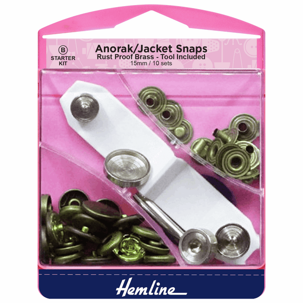HEMLINE Anorak/Jacket Snaps: 15mm: 407.A Antique Brass: Starter Kit (10 Sets)