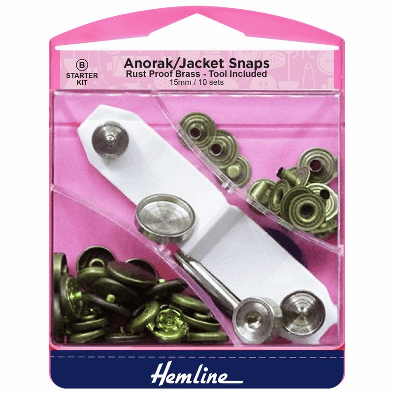 HEMLINE Anorak/Jacket Snaps: 15mm: 407.A Antique Brass: Starter Kit (10 Sets)