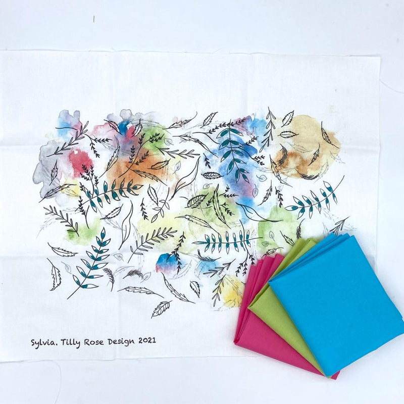 Fabric Kit: 3x FQ Complimentary Cotton Plains for Tilly Rose 'Sylvia' Fallen Leaves Panel: Apple, Sky, Bright Pink