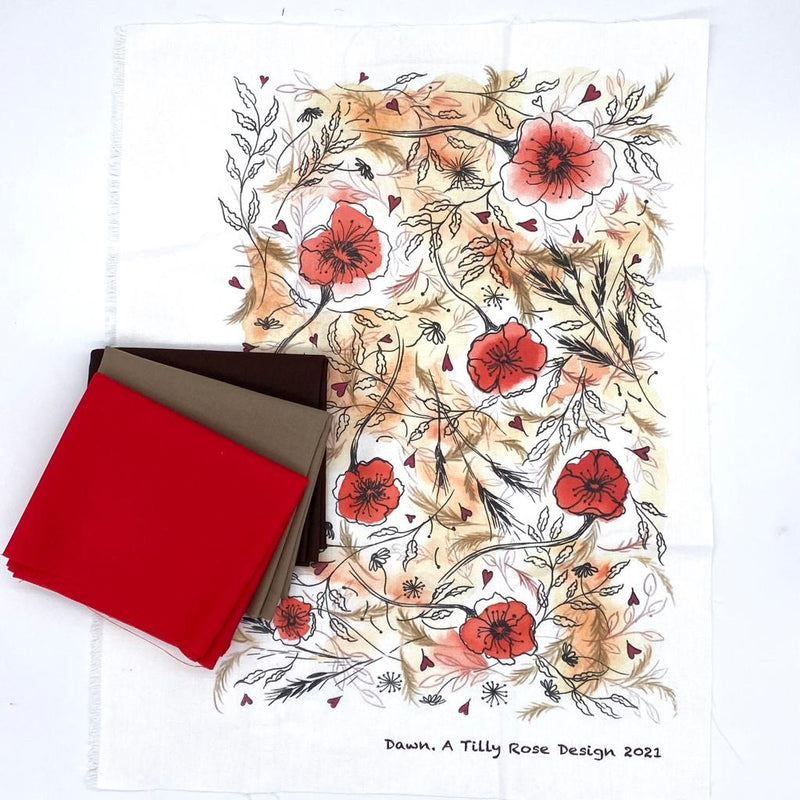 Fabric Kit: 3x FQ Complimentary Cotton Plains for Tilly Rose 'Dawn' Poppies Panel: Silver Mink, Scarlet, Chocolate