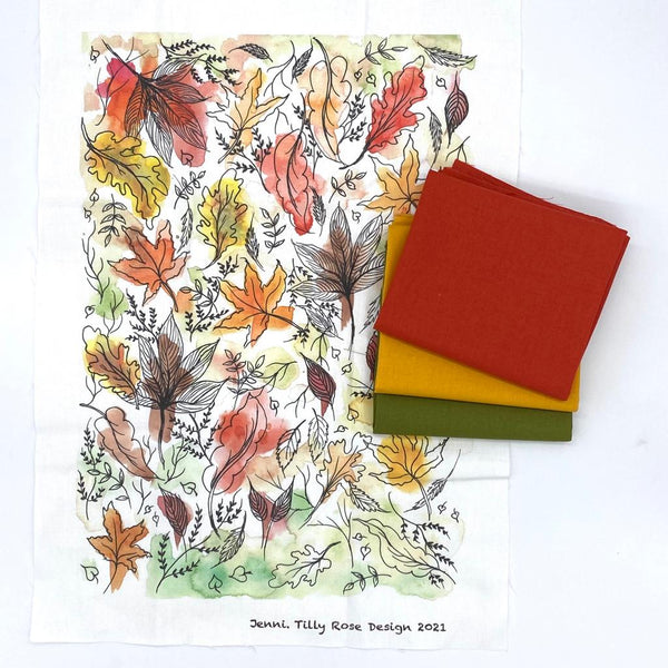 Fabric Kit: 3x FQ Complimentary Cotton Plains for Tilly Rose 'Jenni' Autumn Leaves Panel: Paprika, Gold, Sage