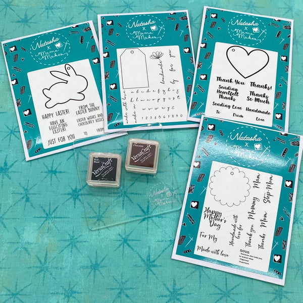 Natasha x Mama Makes COMPLETE STAMPING BUNDLE: 4x Stamp Sets, Acrylic Block, 2x VersaCraft Small Ink Pads (154 & 182)