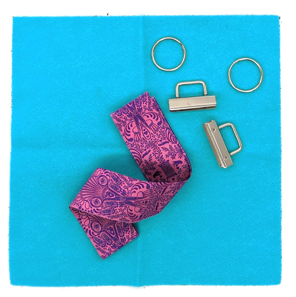 Renaissance Ribbon Key Fob Lanyard Kit: 'Tula Pink Getting Snippy' with Aqua Felt and Silver Hardware