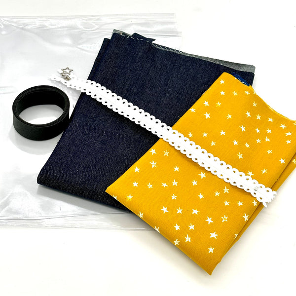 BUNDLE: Star Lace Zip Project Pouch: FQ Denim, FQ Sewable Plastic, 13" Lace Zip, 1.5m Binding, FQ Moda 'Starry' GOLDENROD