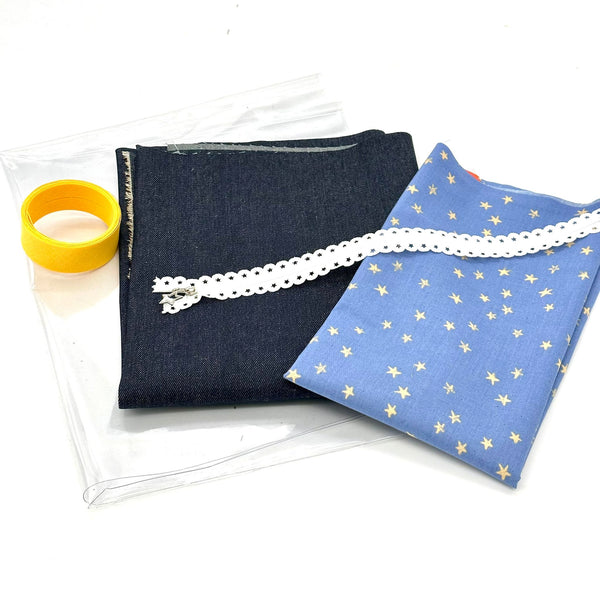BUNDLE: Star Lace Zip Project Pouch: FQ Denim, FQ Sewable Plastic, 13" Lace Zip, 1.5m Binding, FQ Moda 'Starry' DUSK