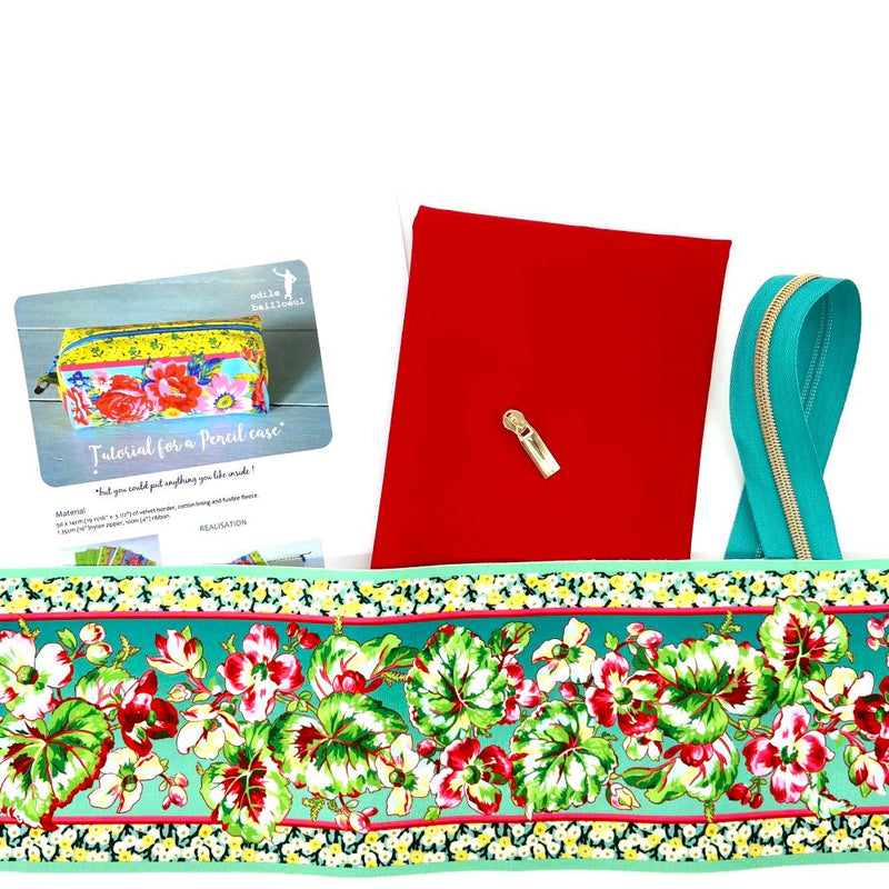 Odile Bailloeul's Velvet Border Pencil Case Kit: Philip Jacobs 'Begonia' Turquoise