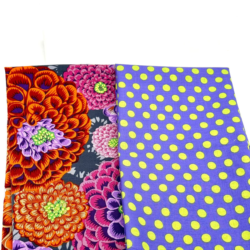 FQ Duo + 1/2m Interfacing: Kaffe Fassett Collective 'Flora' Antique PJ114.ANTIQUE + 'Spot' Periwinkle