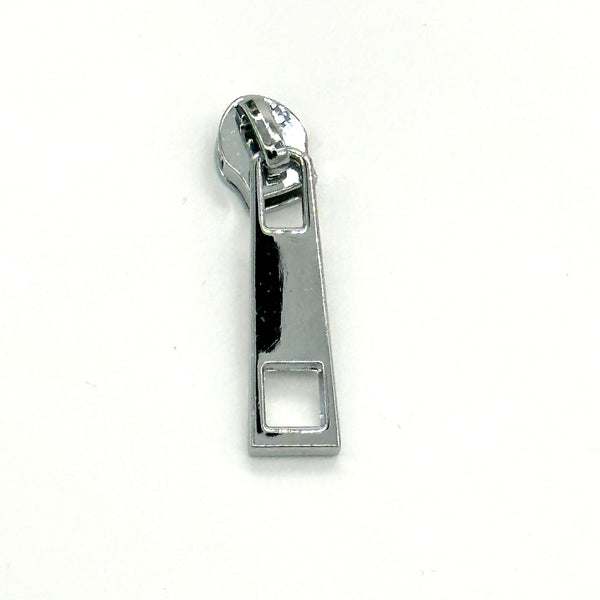 HARDWARE: Metal Zip Slider with Rectangular Bar Zipper Pull and Square Cutout x 1: SIZE 5: Nickel Silver colour