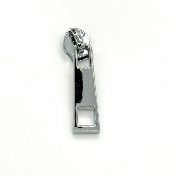 Metal Zip Slider with Rectangular Bar Zipper Pull and Square Cutout x 1: Nickel Silver colour