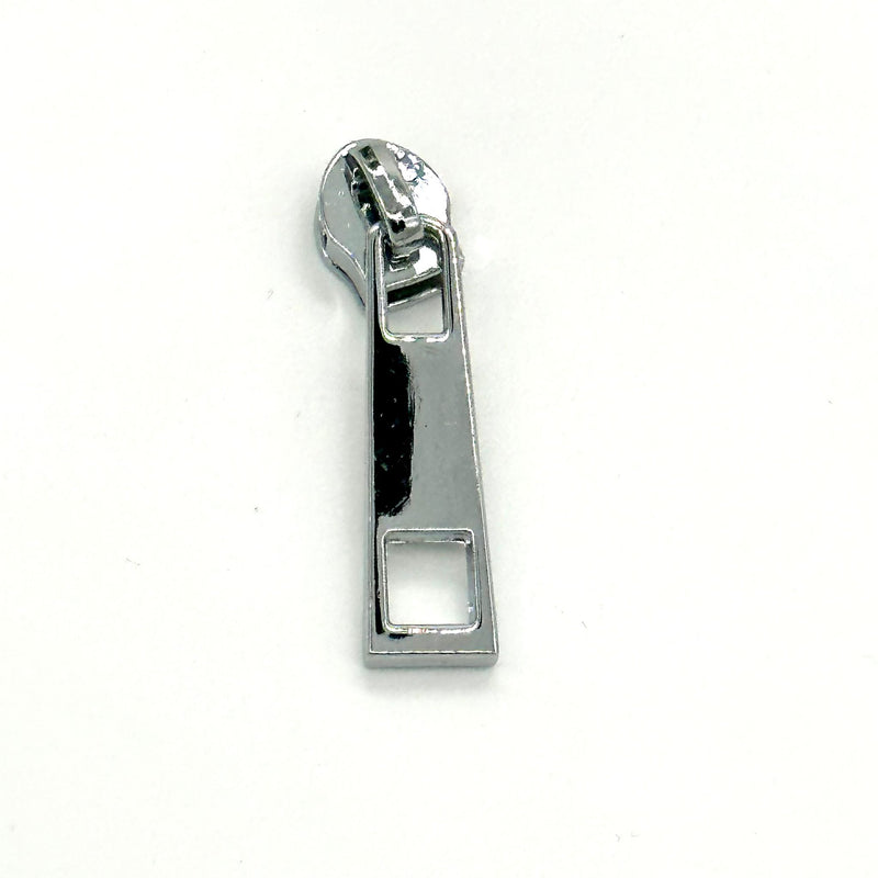HARDWARE: Metal Zip Slider with Rectangular Bar Zipper Pull and Square Cutout x 1: SIZE 5: Nickel Silver colour