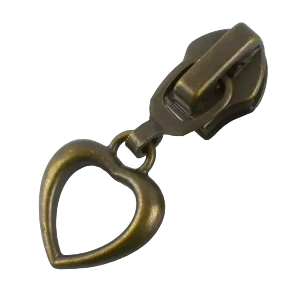 Metal Zip Slider with Zipper Pull x 1: HOLLOW HEART: Antique Brass / Bronze Colour