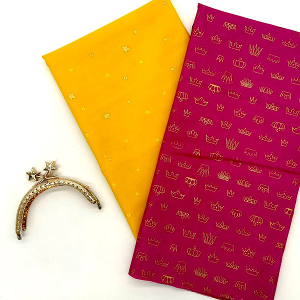 FABRIC KIT + HARDWARE: 8.5cm Kiss Clasp Purse: FQ Ruby Star 'Coronation' Magenta + FQ 'Tiny Star' Sunshine + STAR Bobble Top