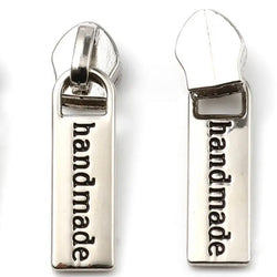 Metal Zip Slider with Zipper Pull x 1: "HANDMADE": Silver colour