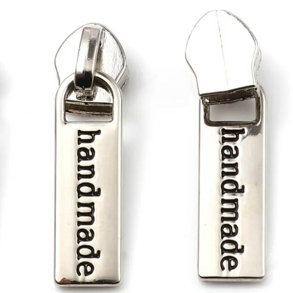 HARDWARE: Metal Zip Slider with "HANDMADE" Zipper Pull x 1: SIZE 5: Nickel Silver colour