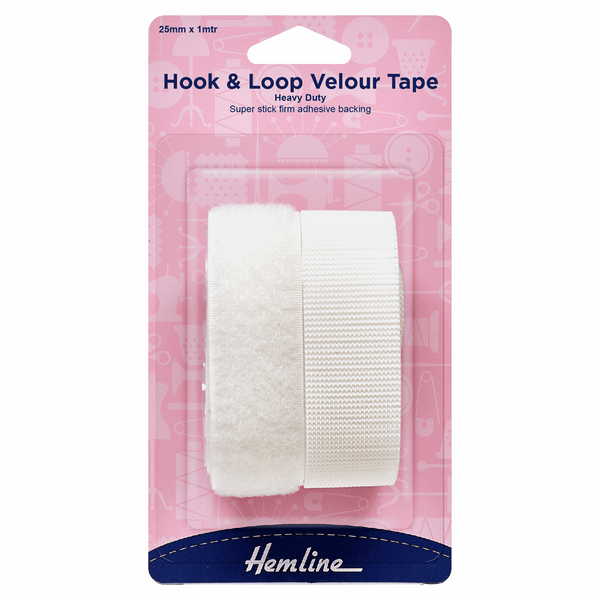 HEMLINE: Hook & Loop Tape: Stick-On: Heavy Duty: 1m x 25mm: White